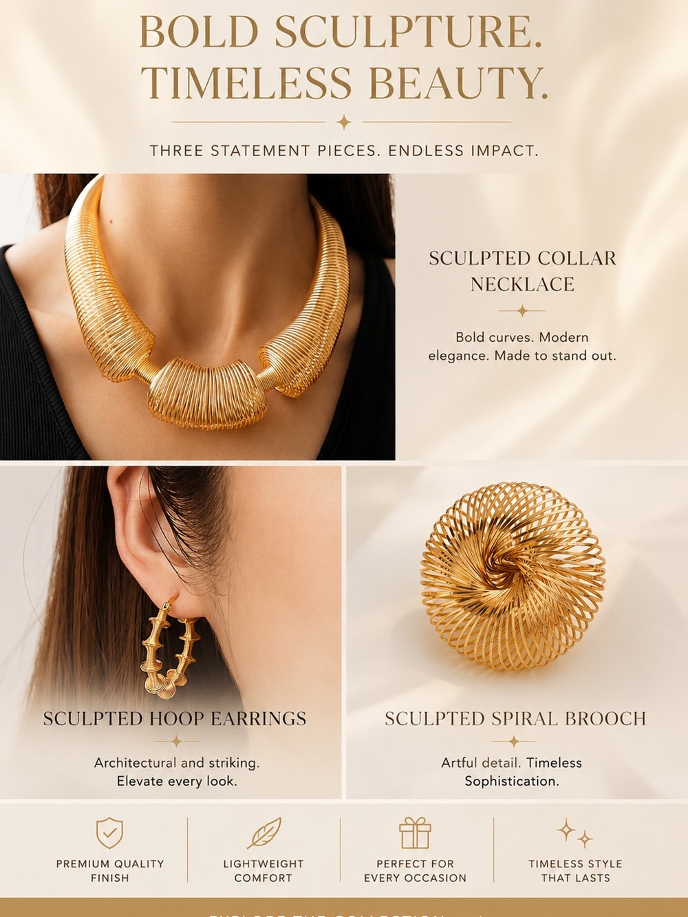 Gold Sculpted Collar Necklace - Elegant Women’s Statement Jewelry